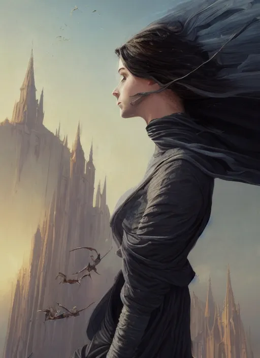 Prompt: very detailed portrait of lady vin 5 4 3 2 9 from mistborn ascending to sky from behind, wearing black tight clothing, waving the shredded in strips cloak, medieval town landscape, detailed face, trending on artstation by greg rutkowski loish rhads ferdinand knab
