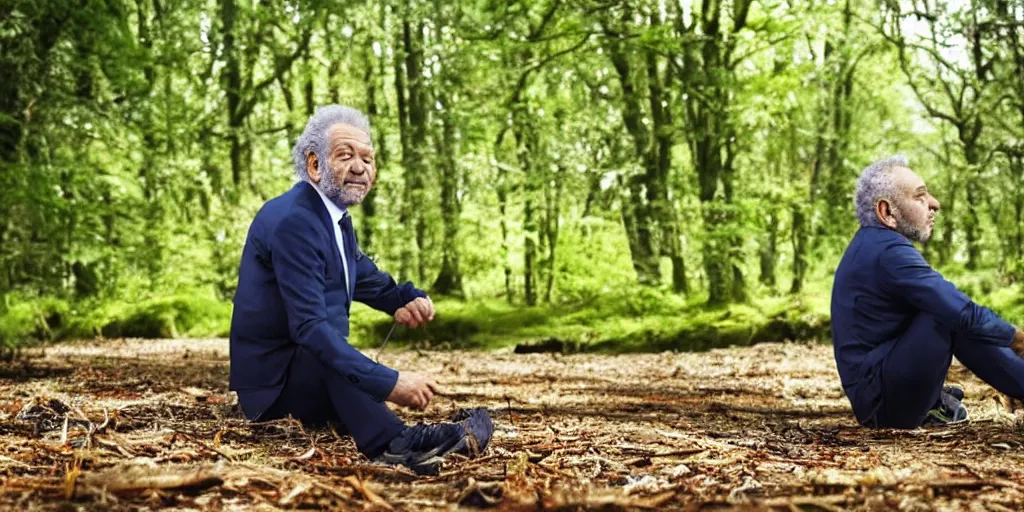 Prompt: alan sugar going for a walk in the country eating leaves in the forest on the floor eating burnt toast and drinking fresh clear water from a stream, with skyscraper arms. pastry pets on his shoulders, and sitting on hands. running advert. in the style of picasso. national geographic. 8 k