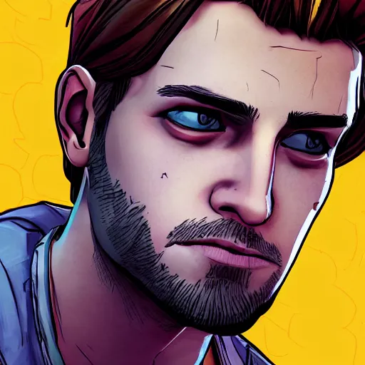 Image similar to a blond young spanish man portrait, borderlands, tales from the borderlands, the wolf among us, comic, cinematic lighting, studio quality, 8 k