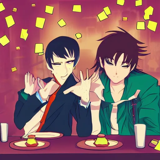 Image similar to anime cartoon portrait of 2 guys in designer clothes at a private table in a club surrounded by beautiful girls throwing rubber bands in the air, cyberpunk