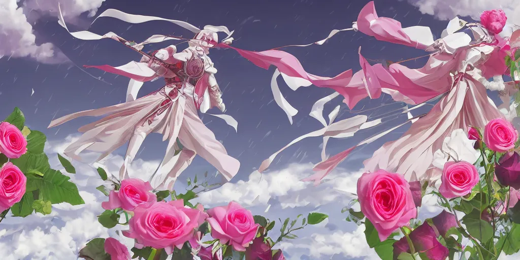 Prompt: floating flying longswords slicing through a bouquet of white and pink roses, flowers exploding and spraying, big puffy clouds, sharp rain, large rose petals, lotus petals, large polygonal background elements, large polygons, dramatic anime, dramatic lighting, artgerm, manga, trending on artstation, art nouveau, mature colors