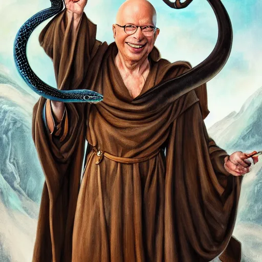 Image similar to a detailed fantasy character painting of Klaus Schwab holding a black glowing snake, devil horns, dressed like Jesus Christ, by lauri blank, artgerm, evelyn de morgan, 8K, 50mm lens