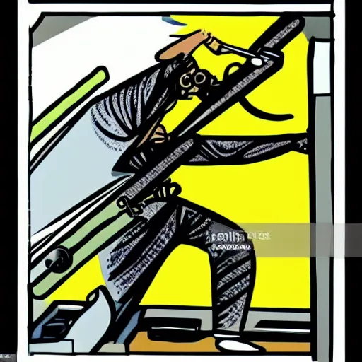 Image similar to 90s retro illustration of a ninja smashing up a mixing console in a studio