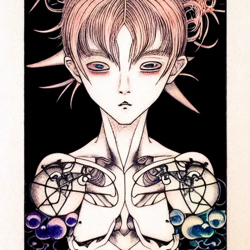 Image similar to prompt: Fragile looking character soft light portrait face drawn by Takato Yamamoto and Katsuhiro Otomo, tattooed face, inspired by Sailor Moon anime, alchemical objects on the side, soft light, intricate detail, intricate gouache painting detail, sharp high detail, manga and anime 2010