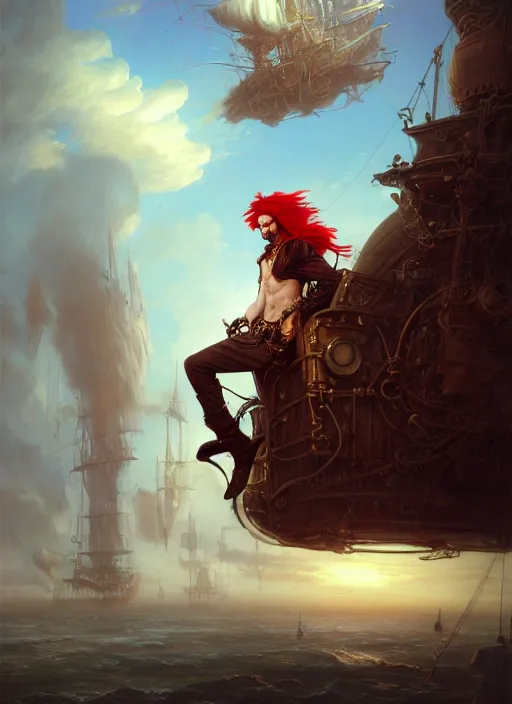 Image similar to portrait painting of a long hair red hair male pirate in front of steampunk airship in the sky by raphael lacoste and stephan martiniere greg rutkowski gaston bussiere fantasy soft hair trending on artstation key art dramtic volumetric lighting, 4 k, award winning