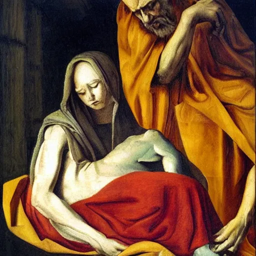 Image similar to a detailed oil painting of The Pieta, by Cravaggio but performed by rabbits