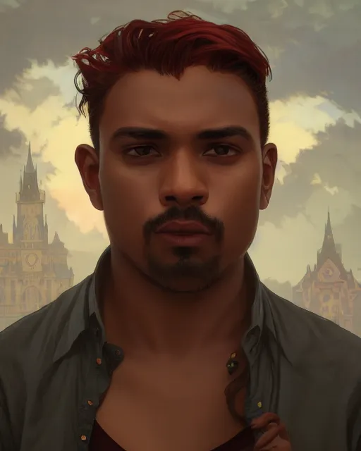 Image similar to 3 / 4 portrait, male vampire, brown skin, night, long dark red hair, dark blue shirt, beautiful, modern, detailed background, jewelry, earrings, ilya kuvshinov, alphonse mucha, william bouguereau, rossdraws, greg rutkowski, super detailed, realistic, octane render, volumetric, cinematic, 8 k