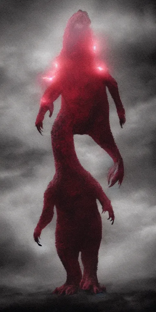 Prompt: very low - resolution found footage of a kaiju monster, fog!!, smoke, red hue, thriller, underdeveloped, flare, epic, dramatic