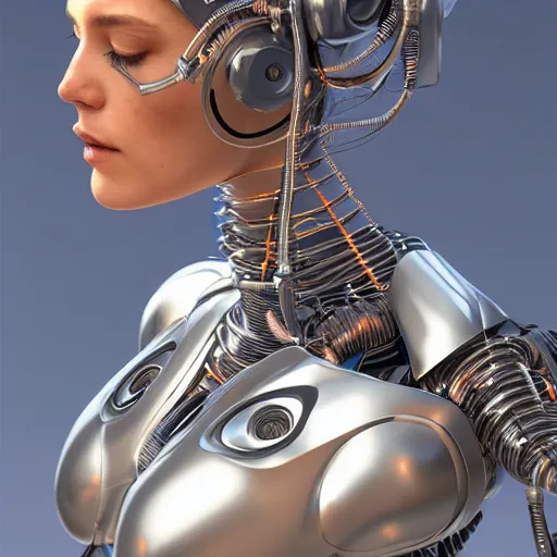 Image similar to a beautiful woman wearing robot suit with wires and light, highly detailed, photorealistic, artstation, smooth