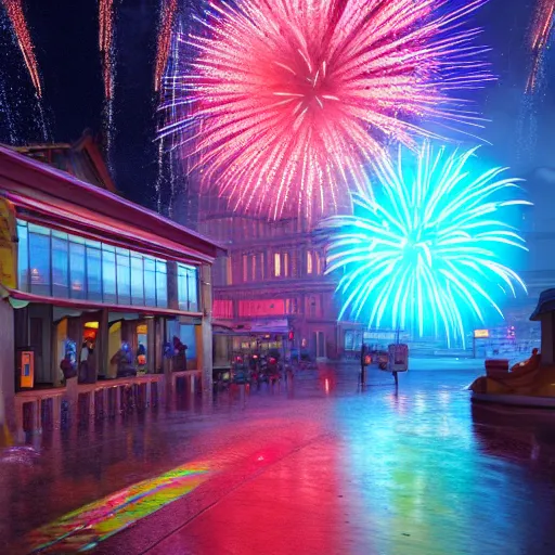 Image similar to raining, fireworks in a city, lights, 3 d render, illustrated, incredible details, highly detailed, colorful, photorealistic, disney pixar, octane render, iridescent, anime, 8 k