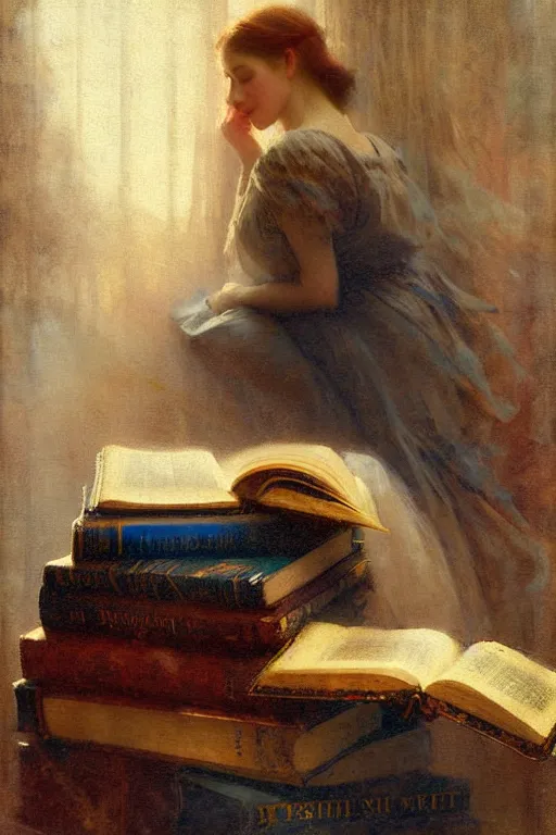 Image similar to soft colorsphotograph imax and solomon joseph solomon and richard schmid and jeremy lipking victorian loose genre loose painting full stack of books, bookish, book lover