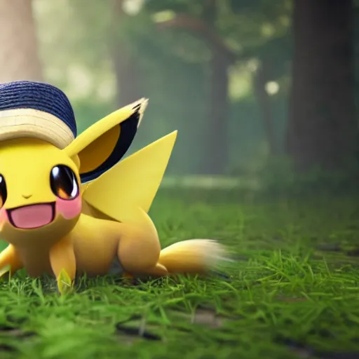 Image similar to nymph render of a very cute Pichu wearing straw hat pokemon, adorable eyes, cute smile, full round face, bright sunny time, serene forest setting, medium shot, mid-shot, highly detailed, trending on Artstation, Unreal Engine 4k