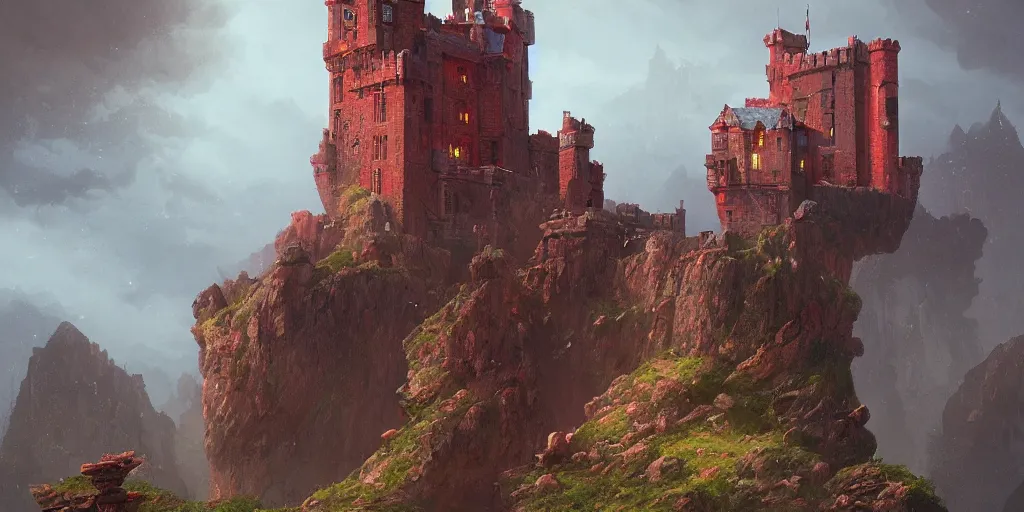 Prompt: A castle made out of red stone, by Greg Rutkowski and Raphael Lacoste, bright, high contrast, cinematic lighting, highly detailed, 4k resolution, trending on artstation