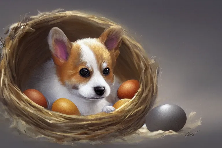 Prompt: a baby corgi crawling out of an egg laying in a nest, fantasy art, oil painting, concept art, 4 k, extremely detailed, realistic,