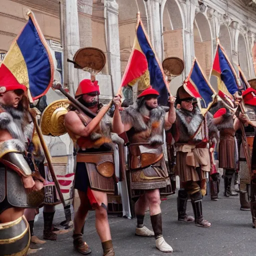 Prompt: roman legions invading the capitole, wearing maga hats ( 2 0 2 1 )