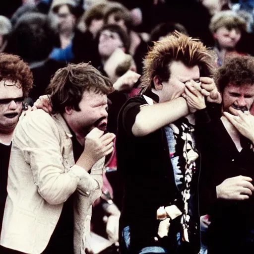 Prompt: a photograph of crowded house crying on stage as garbage is thrown at them, 1 9 8 8