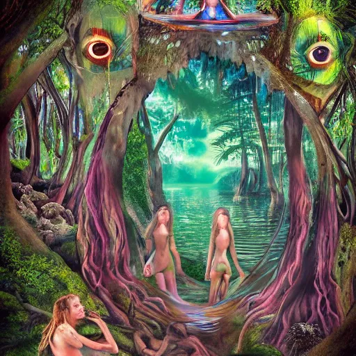 Image similar to gods in forest, three eyed, wide shot, feet in water, vivid colors, foreheads with eyes, ground very detailed, wet eyes reflecting into eyes reflecting into infinity, natural lighting