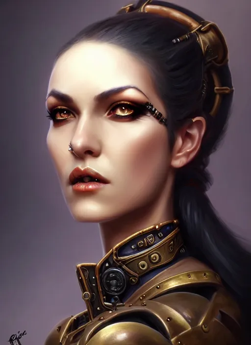 Prompt: a _ fantasy _ style _ portrait _ painting _ of steampunk woman, ponytail black hair, round face, rpg dnd oil _ painting _ unreal _ 5 _ daz. _ rpg _ portrait _ extremely _ detailed _ artgerm _ greg _ rutkowski _ greg