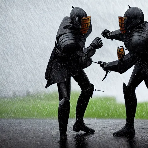 Prompt: Two Black Knights fighting in the rain, 8k resolution, artstation trending