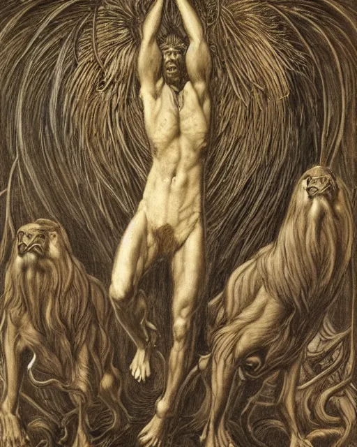 Image similar to a creature with the body and eyes of a man, with the beak of an eagle, the mane of a lion, and the horns of an ox by jean delville