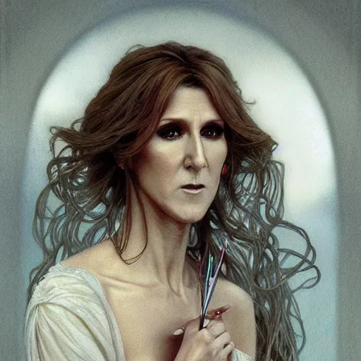 Image similar to beautiful lifelike award winning pencil illustration of celine dion as a scary wraith with her mouth wide open trending on art station artgerm greg rutkowski alphonse mucha museum quality cinematic atmospheric