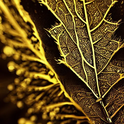 Prompt: beautiful digital illustration Intricate a whole fantasy leaf, encrusted with gold and gems, illustration, detailed veins, sharp focus, octane render, high quality, 8k, volumetric lighting, on black background