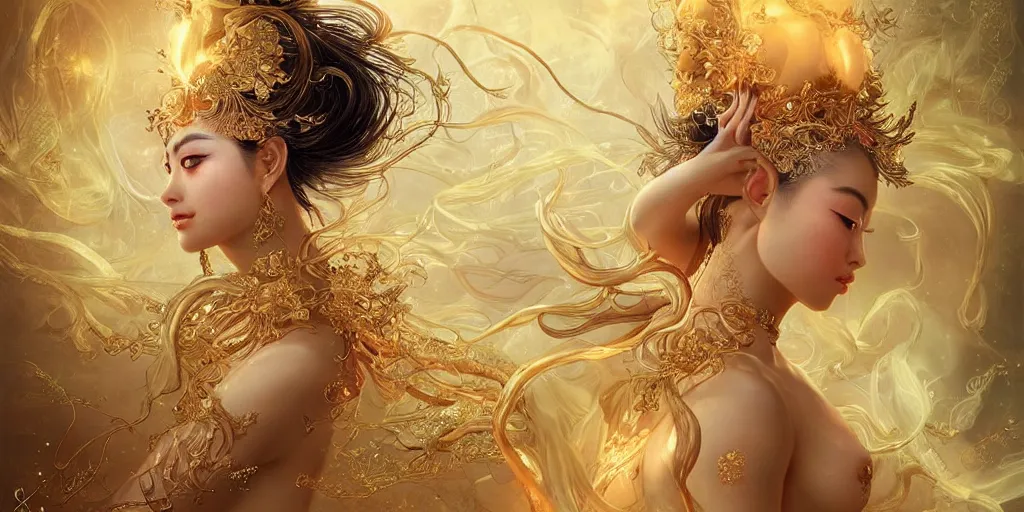 Prompt: asian nymph bald goddess, flowing golden silk twisting with whiten tattoos of cursive sigils on her opalescent skin, fantasy, intricate, very beautiful, elegant, golden light, highly detailed, art by huang guangjian and ail elvgren and sachin teng