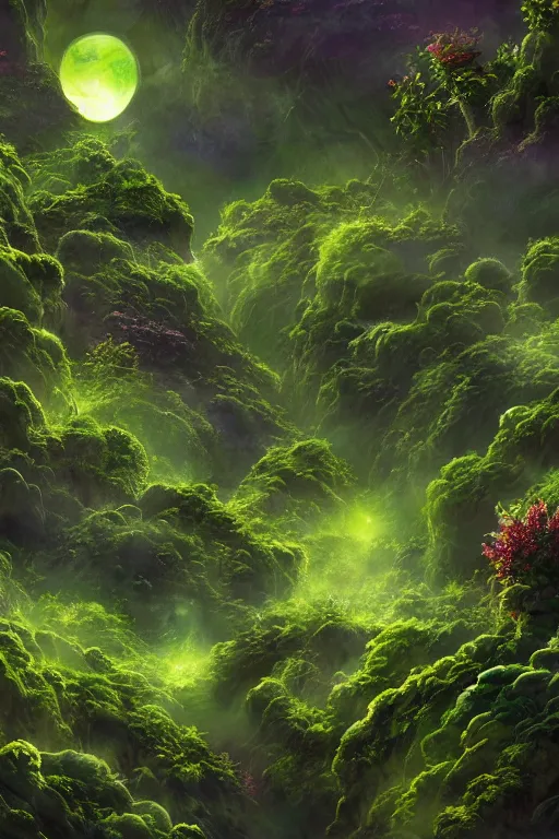Image similar to beautiful lush green plants flowers exotic alien planet, digital painting, matte painting, small details