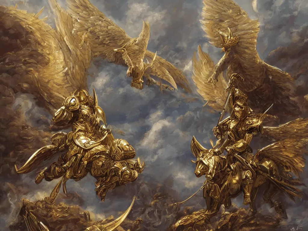 Image similar to valkyrie with golden armor on white pegasus, epic scene, painting in the style of brom, highly detailed