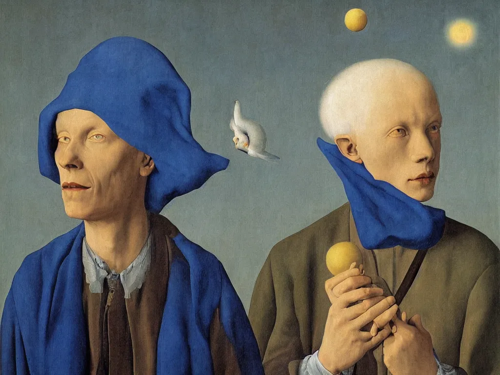 Prompt: Portrait of albino mystic with blue eyes, with exotic meteor. Painting by Jan van Eyck, Audubon, Rene Magritte, Agnes Pelton, Max Ernst, Walton Ford