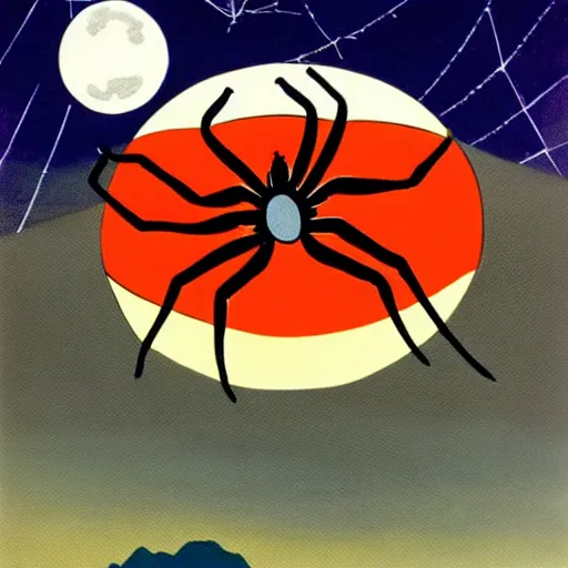 Prompt: painting of a spider wearing a dark suit in Lichtenstein with the moon in the background, high detail, colorful