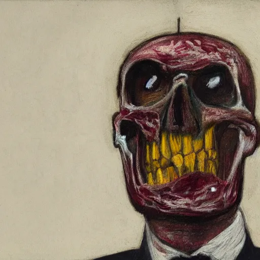 Image similar to a scary portrait of a man with a skull as his head, he is wearing a suit, in the style of Francis Bacon, 4k,