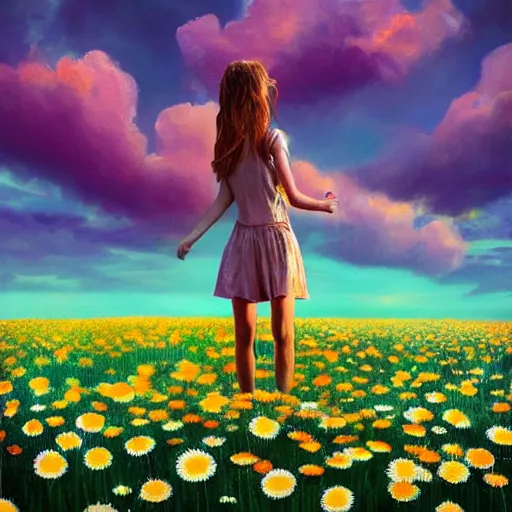 Image similar to head and face made of giant daisies, girl standing barefoot in a flower field, holding flowers, surreal photography, sunrise dramatic light, impressionist painting, colorful clouds, large sky, digital painting, artstation, simon stalenhag, flower face