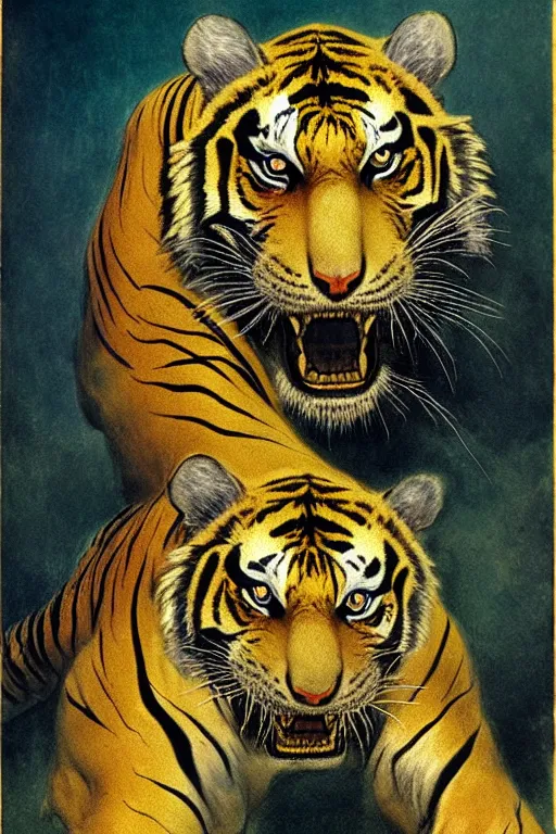 Image similar to turbulent tiger with gold and blue stripes in the style of wayne barlowe, gustav moreau, goward, bussiere, roberto ferri, santiago caruso, luis ricardo falero, austin osman spare