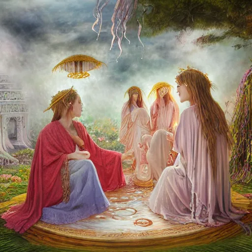 Image similar to A painting of priestesses worshipping at the jellyfish temple, shrouded in mist, jellyfish god, jellyfish priestess, jellyfish shrine maiden, 8K, illustration, art by Lilia Alvarado, Sophie Anderson, Mark Arian, Bob Byerley, Charlie Bowater, Mark Brooks, Steve Henderson, Justin Gerard, Arthur Hughes, Edward Robert Hughes, Mark Keathley, Victor Nizovtsev, Carlos Shwabe, Ross Tran, WLOP, smoke, undersea temple with fish, cinematic, insanely detailed and intricate, hypermaximalist, elegant, super detailed, award-winning, magenta and crimson and cyan, rainbow accents, iridescence, bioluminescence, mysterious, ancient, ritual, trending in cgsociety, artstation HQ, ornate, elite, haunting, matte painting, beautiful detailed, insanely intricate details, dreamy and ethereal, otherworldly