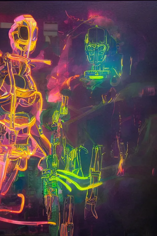 Prompt: a scene with a intricate anime figurine that looks like a transparent plastic robot with a lot of fluo colored details with yellow smoke, moody light, hyper real painting