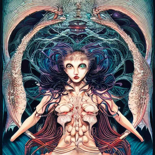 Image similar to portrait of crazy mermaid, symmetrical, by yoichi hatakenaka, masamune shirow, josan gonzales and dan mumford, ayami kojima, takato yamamoto, barclay shaw, karol bak, yukito kishiro