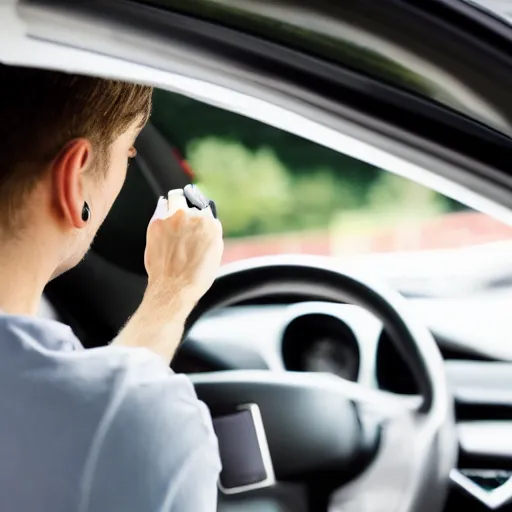 Prompt: a white dude in a car, watching someone on discord create images, 4 k, photography