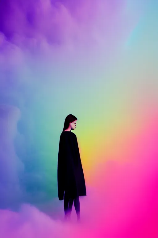 Image similar to high quality pastel coloured film photograph of a model wearing black clothing resting on cloud furniture clouds in a haze filled dreamstate world. three point light, rainbow. photographic production. art directed. pastel colours. volumetric clouds. pastel gradient overlay. waves glitch artefacts. 8 k. filmic.