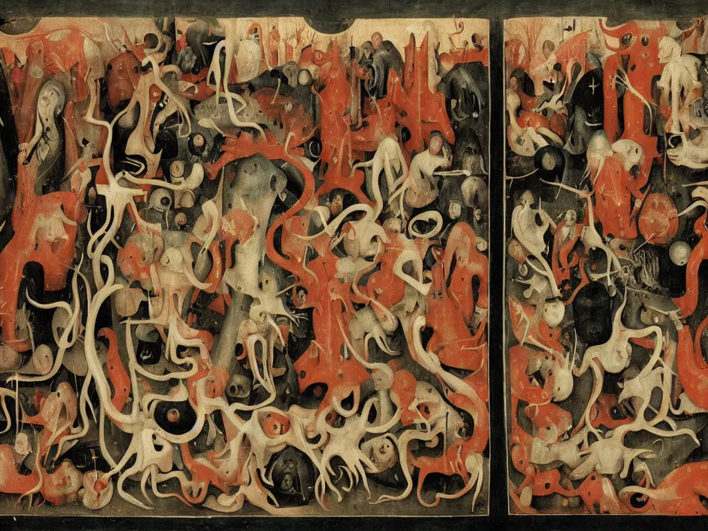 Prompt: a world of flesh in contrasting colors, hieronymous bosch, tentacles and nervous system cells, shiny flesh colored walls that are alive, loss of molecular cohesion,