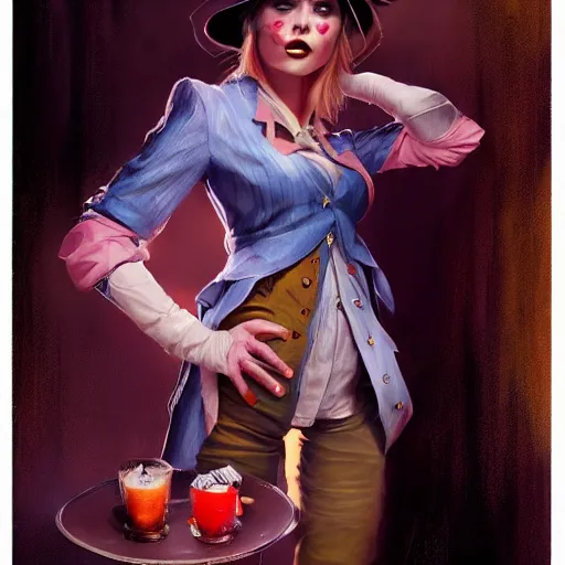 Image similar to realistic, full body portrait, attractive trashy female mad hatter, by Jordan Grimmer and greg rutkowski, crisp lines and color,
