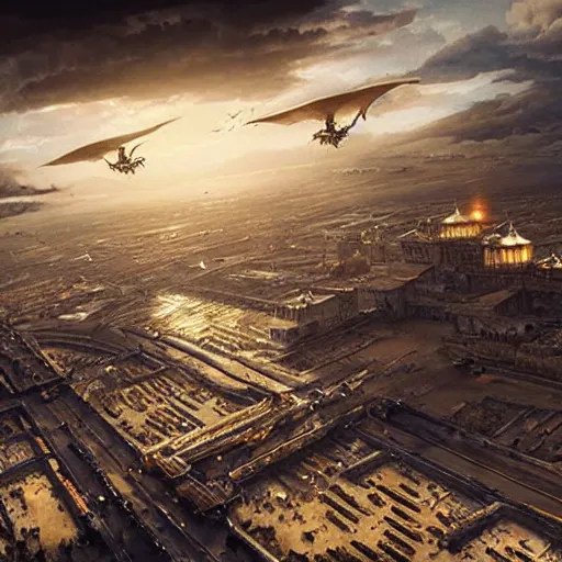 Prompt: dragons fly over erbil, epic scene, cinematic lighting, photorealistic, historical documentary, by greg rutkowski, incredible detail
