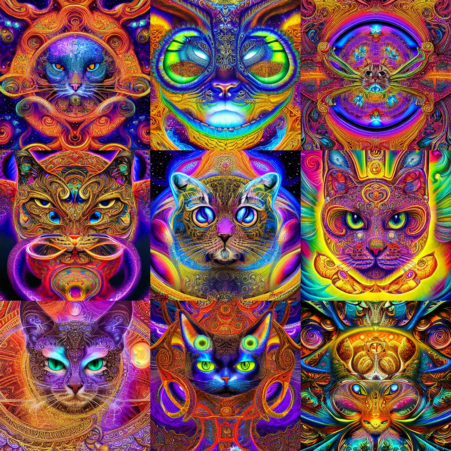 Prompt: a intricate ornate psychedelic image of a cosmic cat, digital painting by felix kelly, alex grey, dan mumford, artgerm, psychedelic art, psychedelic, fractalism, fractals, sacred geometry, trending on artstation, art, hyper realism, highly detailed, cgsociety, octane render, 3 d