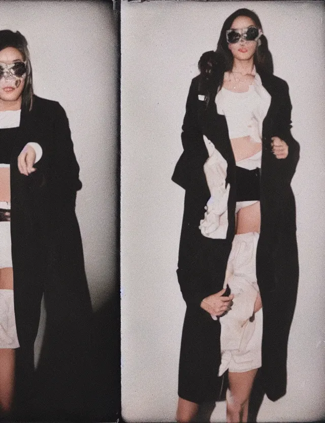 Image similar to polaroid photo with flash, non ordinary beauty female model, in a oversize blazer, polaroid photo bleached strong lights, kodak film stock, hyper real, stunning moody cinematography, with anamorphic lenses, by maripol, detailed