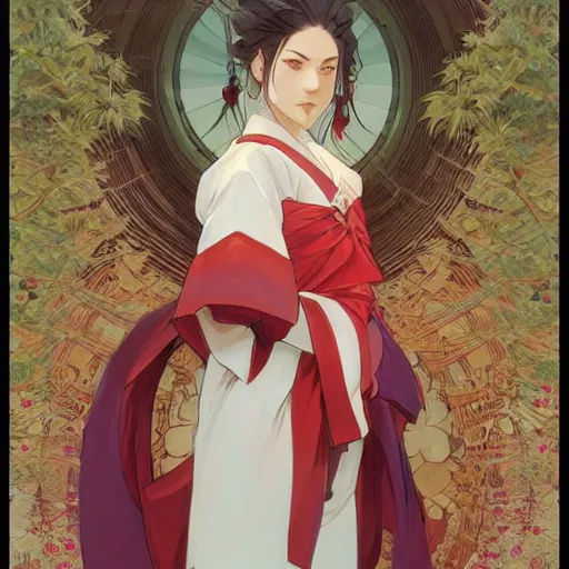 Prompt: shrine maiden miko, digital painting, artstation, concept art, smooth, sharp focus, illustration, art by artgerm and greg rutkowski, alphonse mucha, boris vallejo, george doutsiopoulos