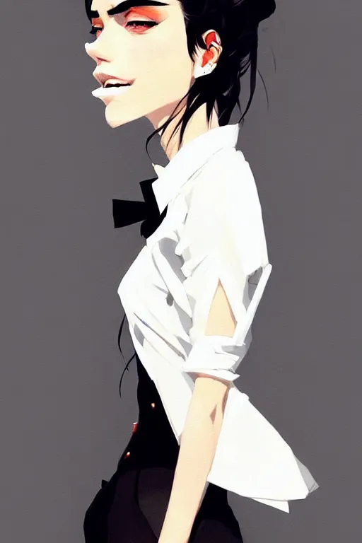 Image similar to a ultradetailed beautiful panting of a stylish woman, she is wearing a white shirt with a tie and black pants, by conrad roset, greg rutkowski and makoto shinkai trending on artstation