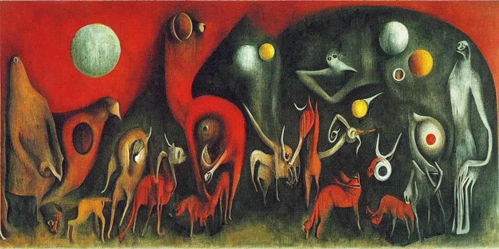 Image similar to disease decimating a global population, animals ruling the world, abstract oil painting by leonora carrington, by max ernst