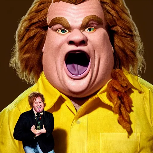 Image similar to snl chris farley as the cowardly lion of oz, studio poster photography, trending on artstation, featured on deviantart, award winning costume