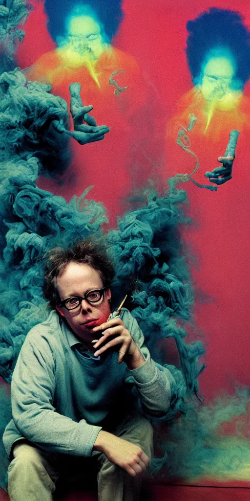 Image similar to award winning photo of todd solondz smoking weed, vivid colors, happy, symmetrical face, beautiful eyes, studio lighting, wide shot art by Sally Mann & Arnold Newman