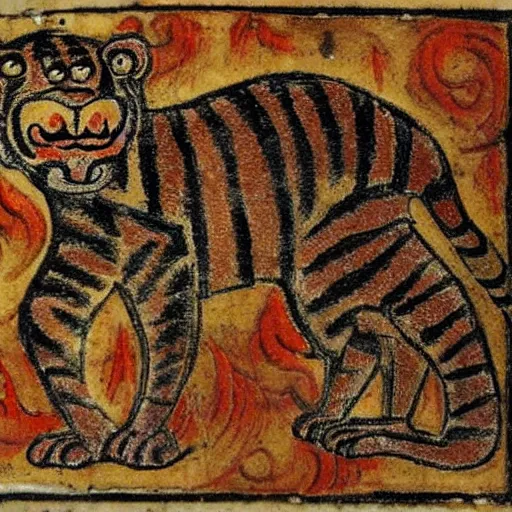 Image similar to bad drawn tiger made of smoke, lava and fire flying in the sky with many legs in a medieval manuscript, medieval manuscript, golden miniatures